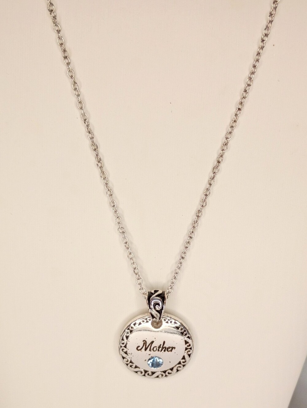 Mother Silver Pendant Necklace with Blue Crystal